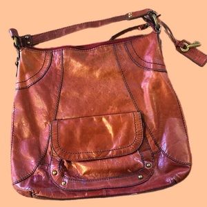 Vintage Fossil Leather Bucket Purse w/ brass key charm